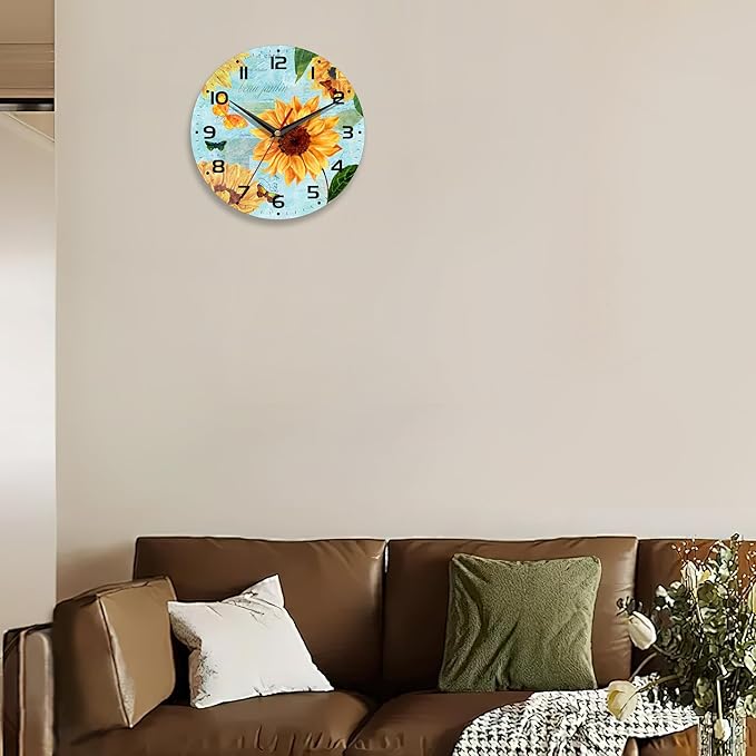 Vintage Teal Sunflower Wall Clock for Bathroom,Sunflower Wall Clocks Silent Non-Ticking Battery Operated Clock 10 Inch,Wall Clocks Decorative for Living Room,Kitchen,Office