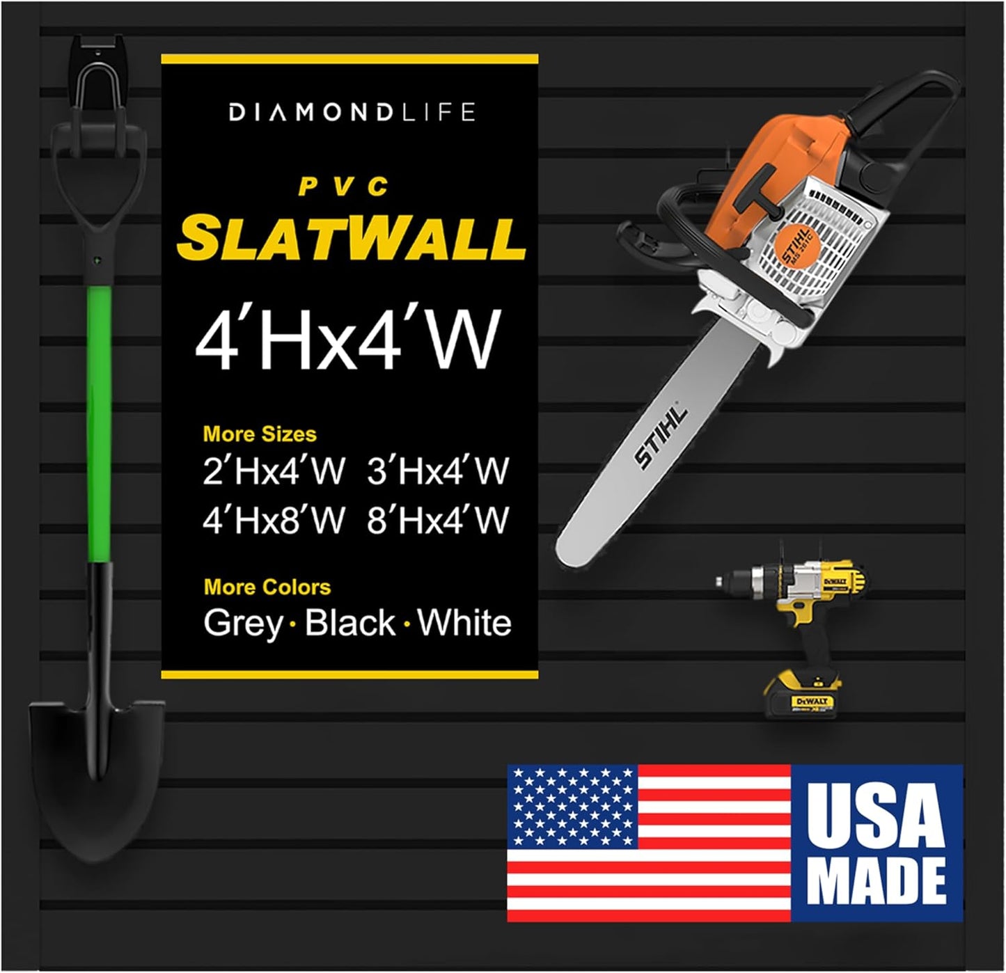 DLDIRECT Slatwall Panel Garage Wall Organizer: Heavy Duty Mounted PVC Rack, Interlocking Slat Paneling for Storage, Board, Shelves System -Black (4’H x 4’W)