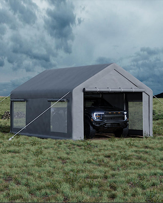 12x20 FT Carport, Heavy-Duty Portable Garage with 200G Canopy Top and 200G Sidewalls, with Sandbags and Ground Stakes for Outdoor Shelter, for for All Kinds of Vehicles, Grey