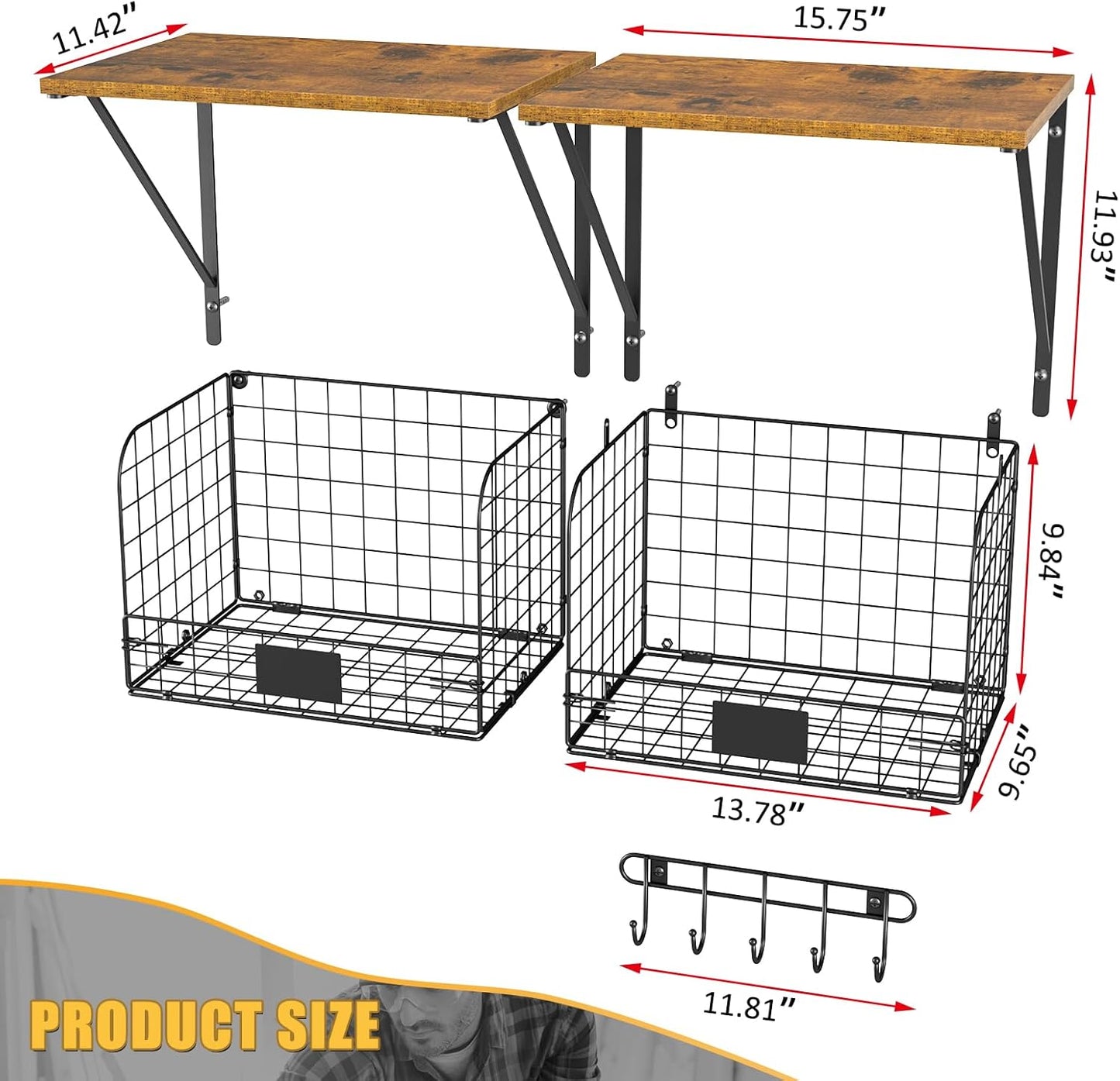 2 Pack Garage Shelves Wall Mounted with Wire Storage baskets, Heavy Duty Garage Wall Shelving with Hooks, Wooden floating shelves Tool Organizer for Home Garden Garage Organizers and Storage