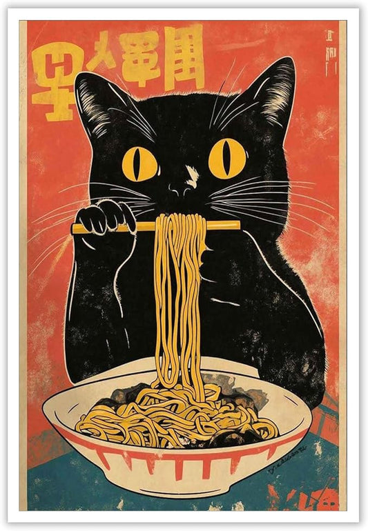 Vintage Cute Black Cat Eats Lamian Noodles Poster Prints Lamian Noodles Canvas Wall Art Cute Black Cat For Home Bedroom Kitchen Dorm Wall Decor 16x24in Unframed
