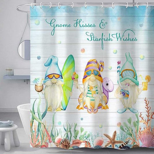 Summer Gnome Shower Curtain, Tropical Starfish Seashells Coral Summer Beach Theme Cute Kids Shower Curtains Set for Bathroom, 36x72 Inch Waterproof Fabric with Hooks