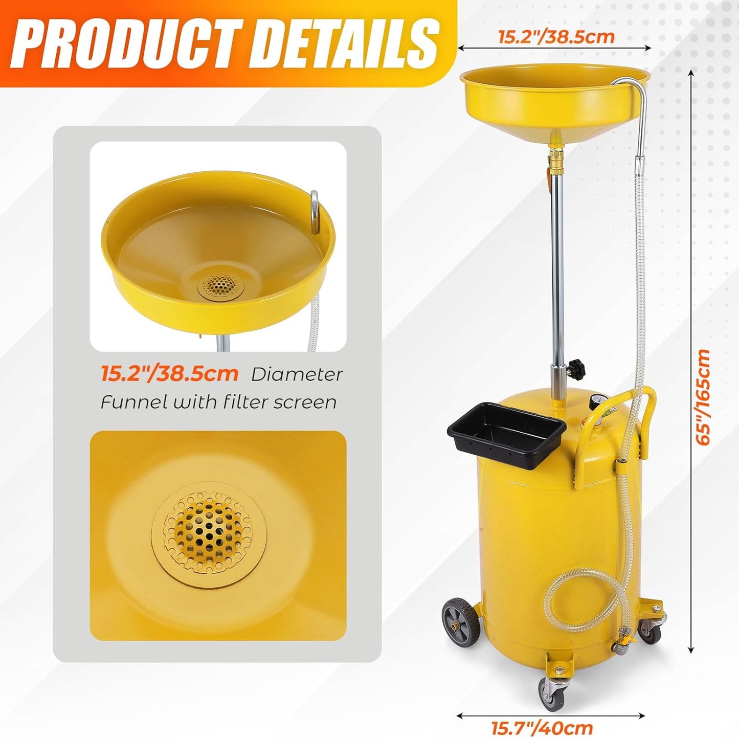20 Gallon Waste Oil Drain Tank Portable Air Operated Oil Drainer with Adjustable Funnel Height 38-65 Inches 15 Inch Funnel Fluid Fuel Transfer Drain Container with 360 Degree Wheels and Toolbox Yellow
