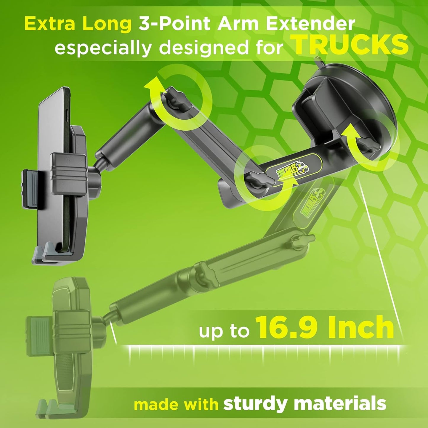 Phone Mount for Truck Phone Holder for Truck - Heavy Duty Super Suction Cup, Mobile Device Holder for Dashboard Window 16.9 inch Long Arm & Stable, iPhone & Samsung Compatible, Big Rig Trucker, Gray