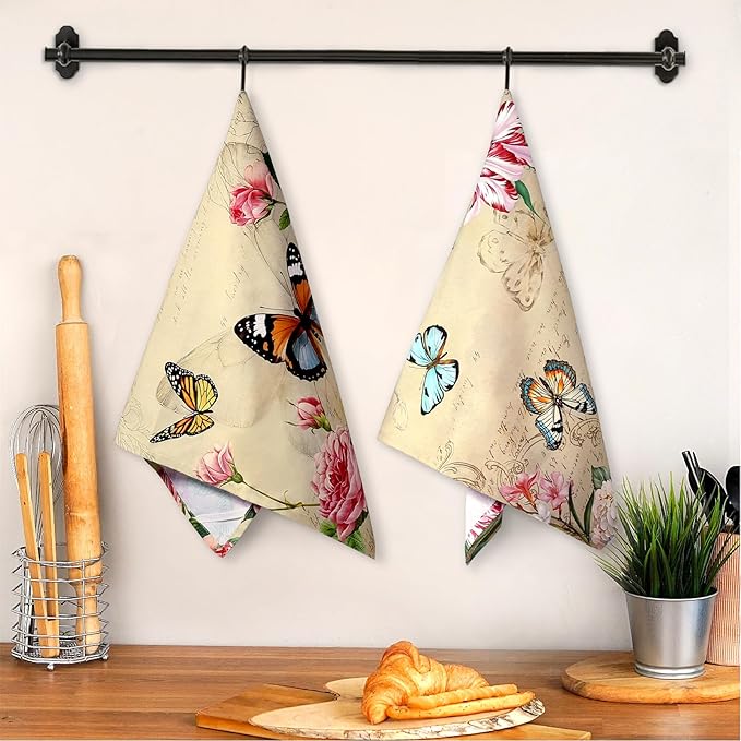 Vintage Butterfly Tea Towels, Cotton Kitchen Towel 18.9 × 27.5 inch, Quick Drying Dish Cloth for Party Anniversary Holiday Decoration Housewarming Gifts