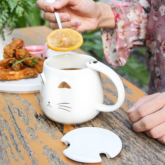 Yuwu Cat Mug Cute Coffee Mug gifts for cat lovers Ceramic Cup, Novelty Mug with Lid and Stainless Steel Spoon, Christmas Birthday Gifts Present for kids Women Girls (White)
