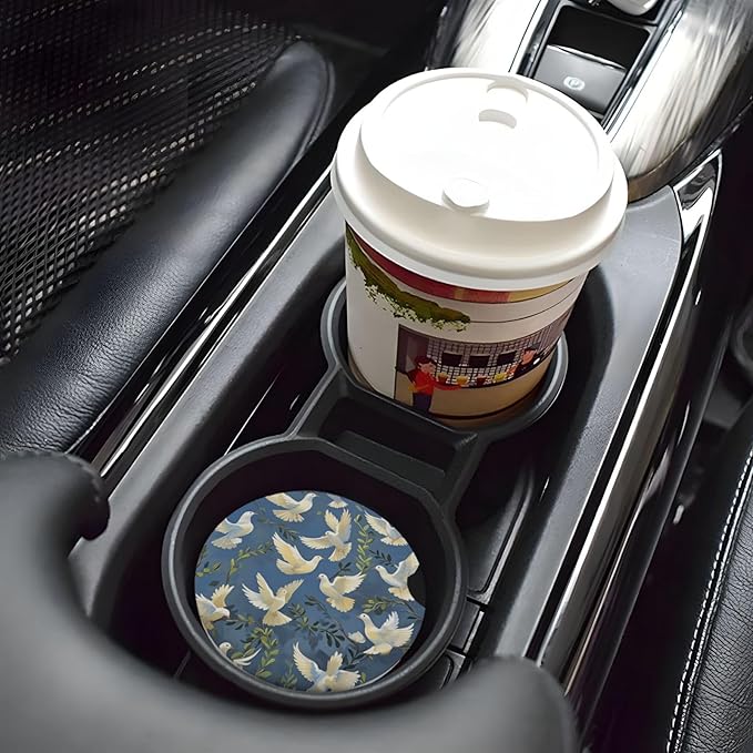 Absorbent Ceramic Car Coasters for Cup Holders, Pigeon Design 2.56" Anti Slip Universal Drink Cup Coasters for Women Men (2 Pack)
