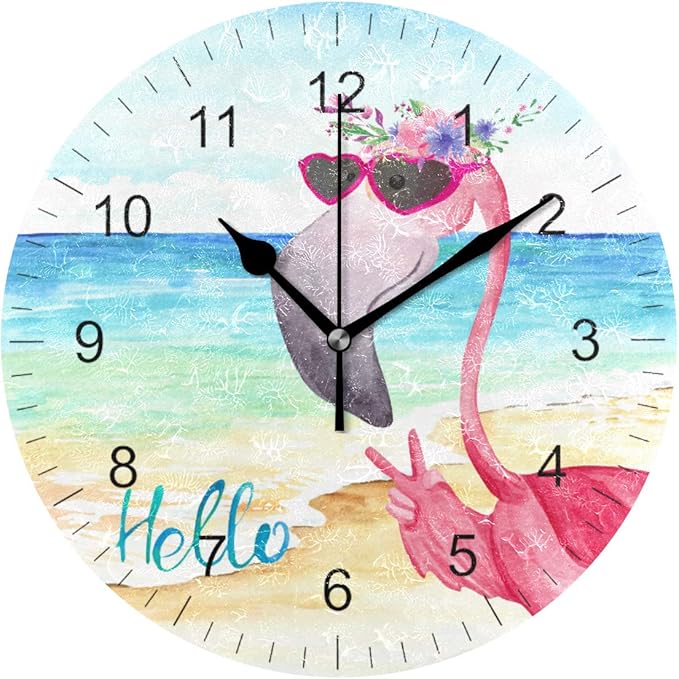 Wamika Wall Clock Pink Flamingo Beach Sea Summer Flowers Silent Non Ticking Round Clocks, Flamingos Birds Ocean Floral Clocks 10 Inch Battery Operated Quartz Quiet Desk Clock for Home Office