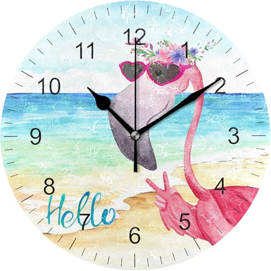 Wamika Wall Clock Pink Flamingo Beach Sea Summer Flowers Silent Non Ticking Round Clocks, Flamingos Birds Ocean Floral Clocks 10 Inch Battery Operated Quartz Quiet Desk Clock for Home Office