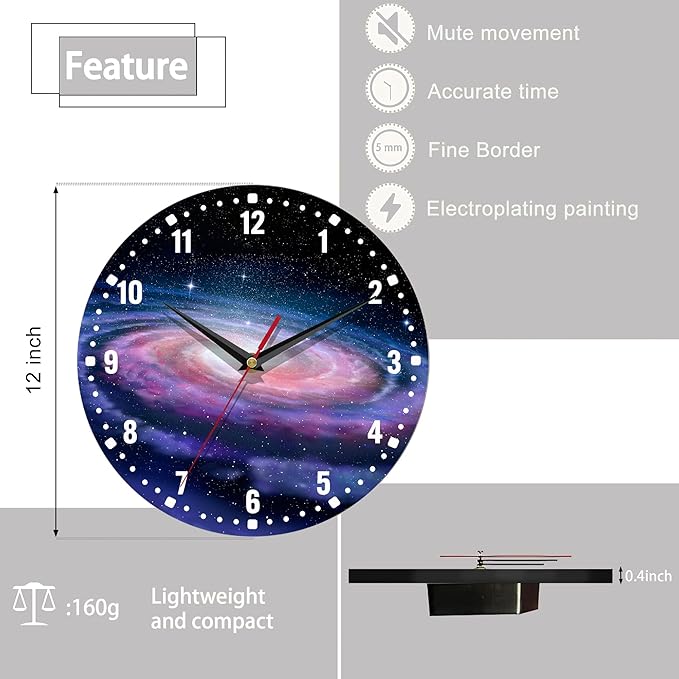 SPUNKER Clocks for Living Room,Spiral Galaxy Kitchen Wall Clock,Milky Way Space Clocks 10 Inch Silent Non-Ticking Wall Battery Operated for Living Room Bedroom Bathroom Laundry Room Decor