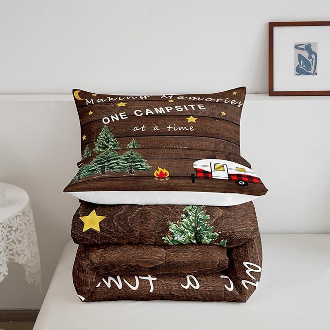 Camping Comforter King for Kids Boys Girls Adult Teens,Camper Bedding for Travel Trailers,Happy Camping Starry Sky Down Comforter Warm,Retro Barn Door Moon Stars Quilted Duvet with 2 Pillowcases