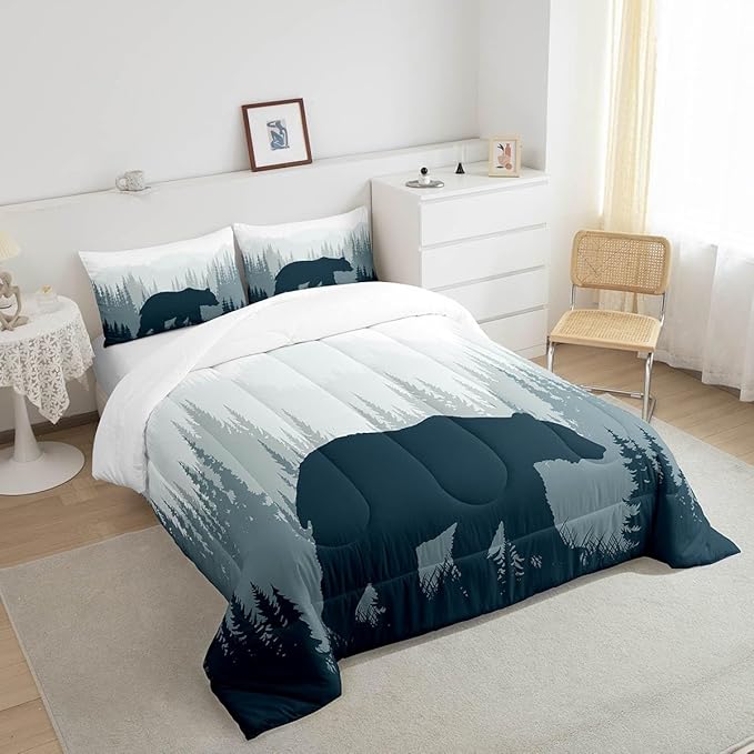 Woodland Comforter Set for Kids Boys Girls Teens,Bear Wild Animal Silhouette Bedding Set Twin Size,Natural Tree Down Comforter Home Room Decor,Misty Mountain Quilted Duvet Warm with 1 Pillow Sham