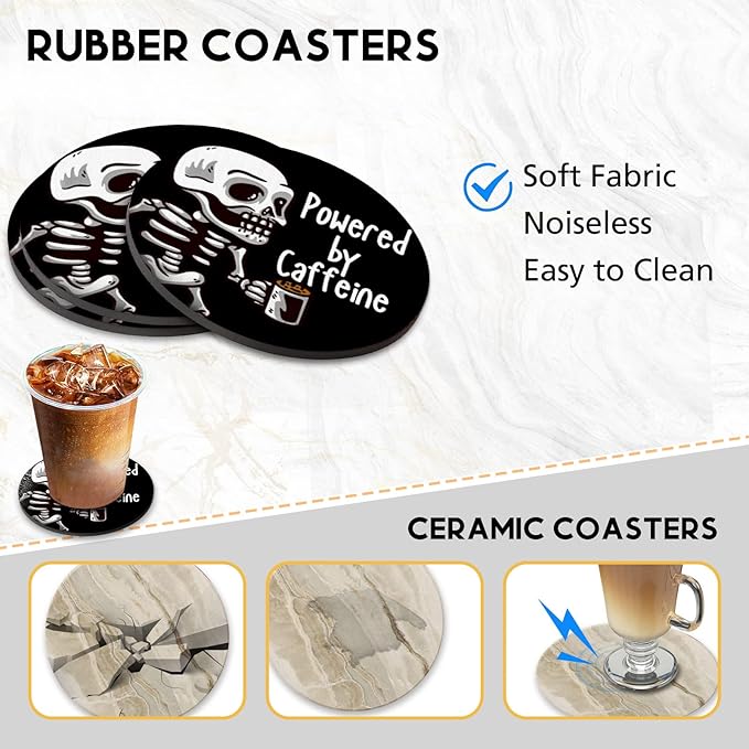 Swooflia Coasters for Drinks Coffee Table, Skull Coffee Powered Funny Black Silicone Absorbent Cup Coaster Set Housewarming Kitchen Home Wooden Desk Office Bar Tabletop Decor 6 Pack