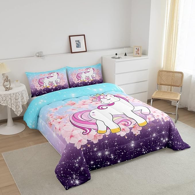 Unicorn Comforter Set Twin, Kids Unicorn Floral Bedding for Girls Boys Children Bedroom Decor, Cherry Blossoms Glitter Down Comforter Galaxy Kawaii Quilt Set with 1 Pillowcase, Blue Purple Ombre