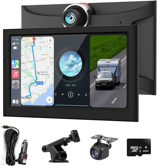 7” Wireless Carplay &Android Auto IPS Touch Screen, Portable Car Stereo with 4K Front Dash Cam + 1080p Backup Camera, Bluetooth/GPS Navigation/Mirror Link/Voice Control/Loop Recording with 64GB TFCard