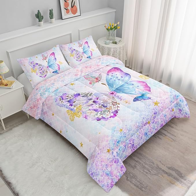 Butterfly Comforter Set Scales Butterfly Printed Quilt Bedding Set with 1 Comforter and 2 Pillowcases for Boys and Girls Bedroom All Season(Butterfly Scales Queen)