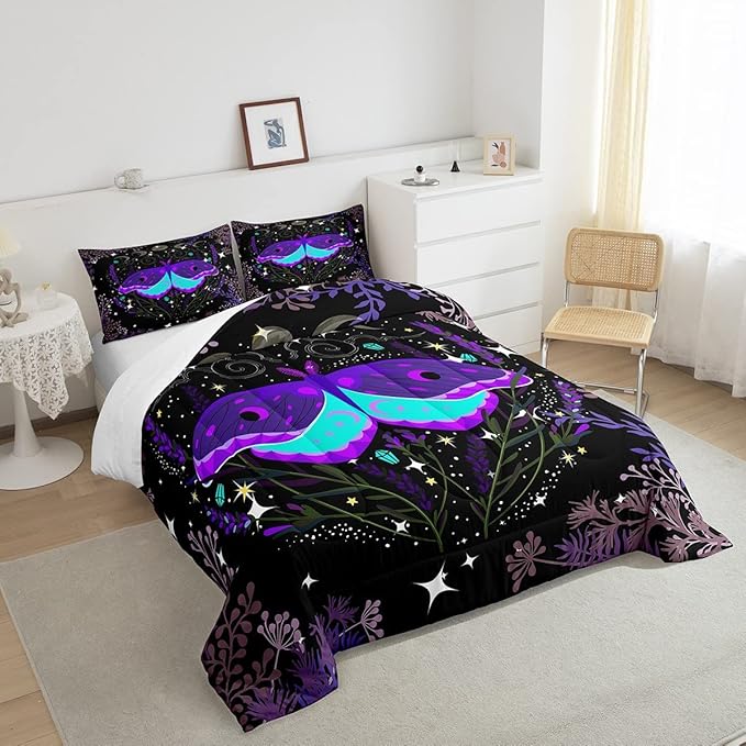 Butterfly Bedding Sets Black Purple Stars Moon Phase Comforter Set King Hippie Galaxy Botanical Bedding Comforter Set For Kids Girls Teen Women Trippy Wild Lavender Bed Quilt Room Decor 2 Pillowcases
