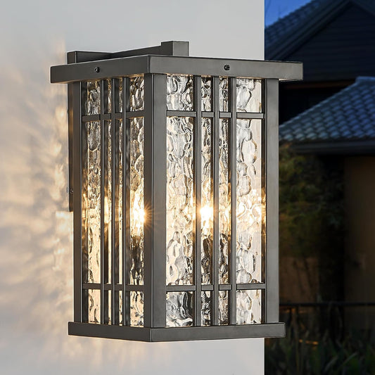2-Light Outdoor Wall Light E26 Base Metal Frame - Black Exterior Waterproof Lanterns with Clear Glass, Porch Wall Mount Lighting for Garage, Patio(Bulb not Included)