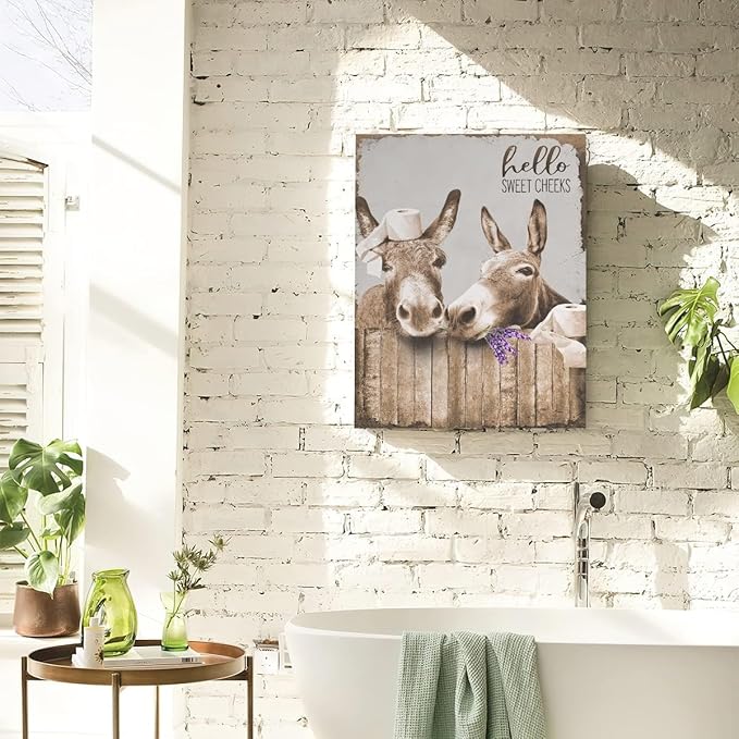 Canvas Wall Art Donkey Pictures for Bathroom Decor - Funny Farmhouse Painting Toilet Prints - Rustic Animals Artwork Framed 12"x16"