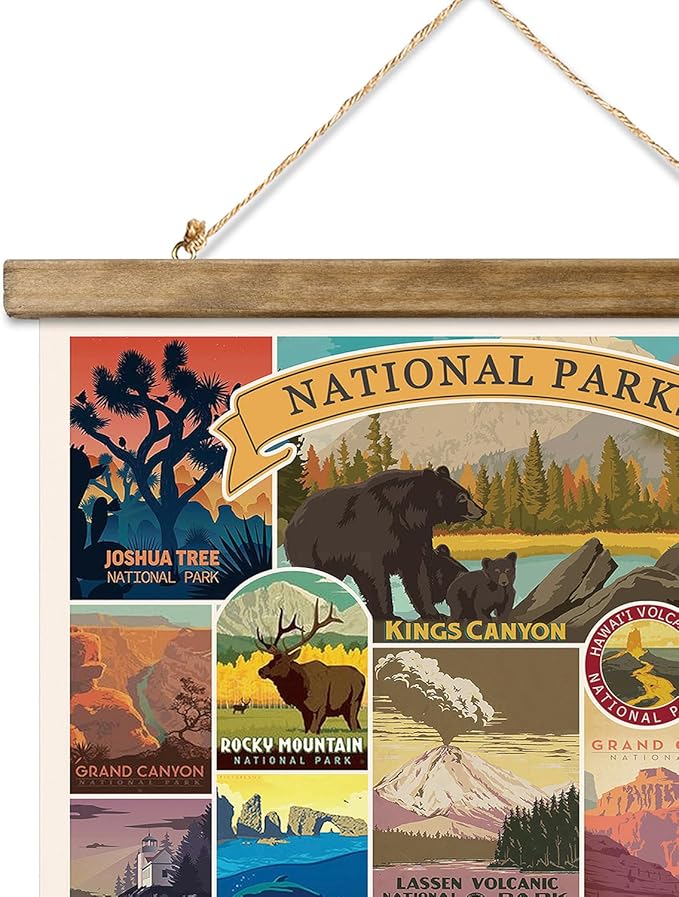 XIAOAIKA USA National Parks Retro Poster Collection - Illustrated Travel Destinations with Wooden Hanger - Vintage Wall Art for Outdoor Enthusiasts and Explorers 12 x 16 Inches
