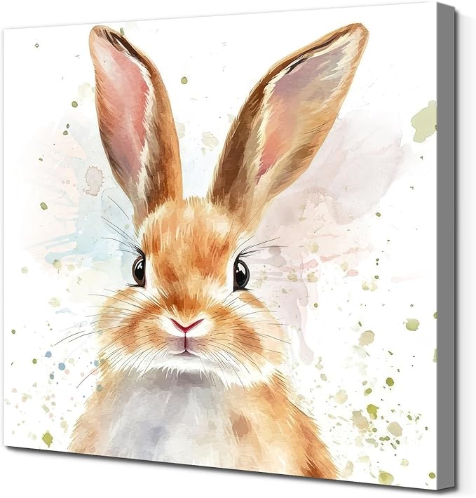 Watercolor Rabbit Wall Art Nursery Bunny Pictures Wall Decor Abstract Animal Canvas Print Art Cute Bunny Rabbit Poster Modern Artwork for Kids Bedroom Bathroom Living Room Home Decor 12x12inch