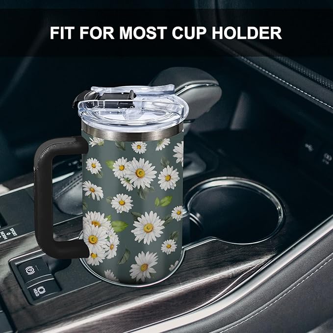 White Daisies Tumbler with Handlea 40oz, Daisy Aesthetic Gifts Flowers Stainless Steel Coffee Cup, Double Wall Vacuum Insulated Travel Mug, Christmas Birthday Gifts for Women Friend Sister Her