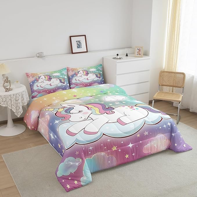 Unicorn Horse Bedding King for Girls,Kids Rainbow Unicorn Comforter Set Cartoon Cute Galaxy Unicorn Comforter for Kids Toddler Bed,Pastel Tie Dye Comforter Set Glitter Stars Quilt Duvet 3 Pcs