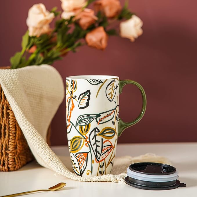 Topadorn Ceramic Coffee Mug Travel Cup with Lid Latte Mug,17oz.Leaves, Father's Day Gift