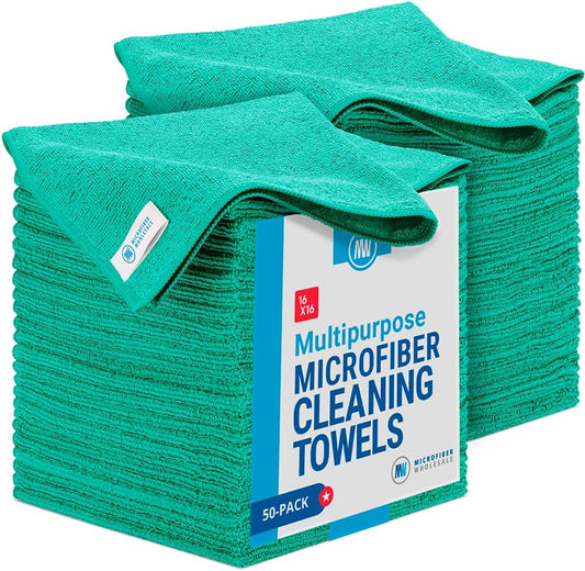 16" x 16" All Purpose Microfiber Towels - 50 Pack - Reusable Wash Cloths, Dust, Kitchen, Car, Shop Rags for Cleaning (Green)