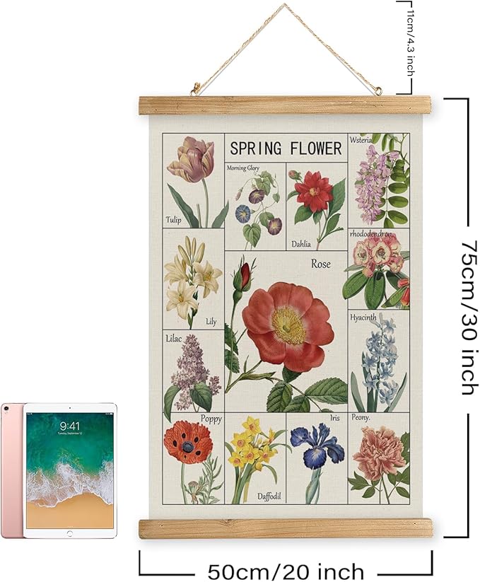 Vintage Spring Flower Poster Print, Botanical Educational Illustration, Rustic Wooden Hanger Frame, Linen Canvas Wall Art Decor, Farmhouse Cottagecore Style for Living Room Bedroom Office (20" x 30")