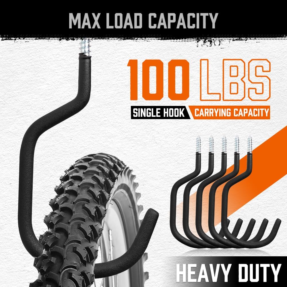 HORUSDY 6 Pack Heavy Duty Bike Hooks - 7.5 inches, 100LBS Capacity for Garage Wall and Ceiling