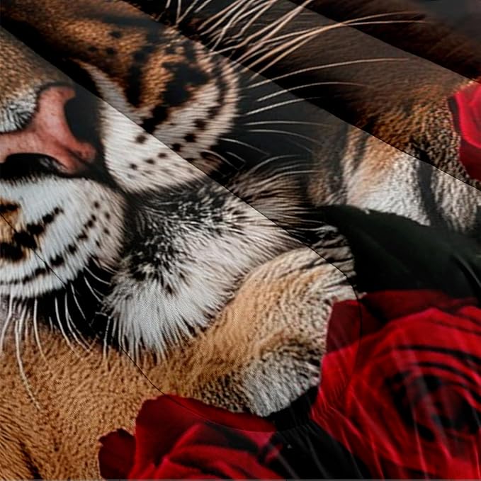 Tiger Comforter Set Full Size Wildlife Bedding Sets for Kids Teen Safari Animal Bedding Room Decor,Red Rose Quilt Set 3Pcs Soft Breathable Duvet Insert with 2 Pillowcases
