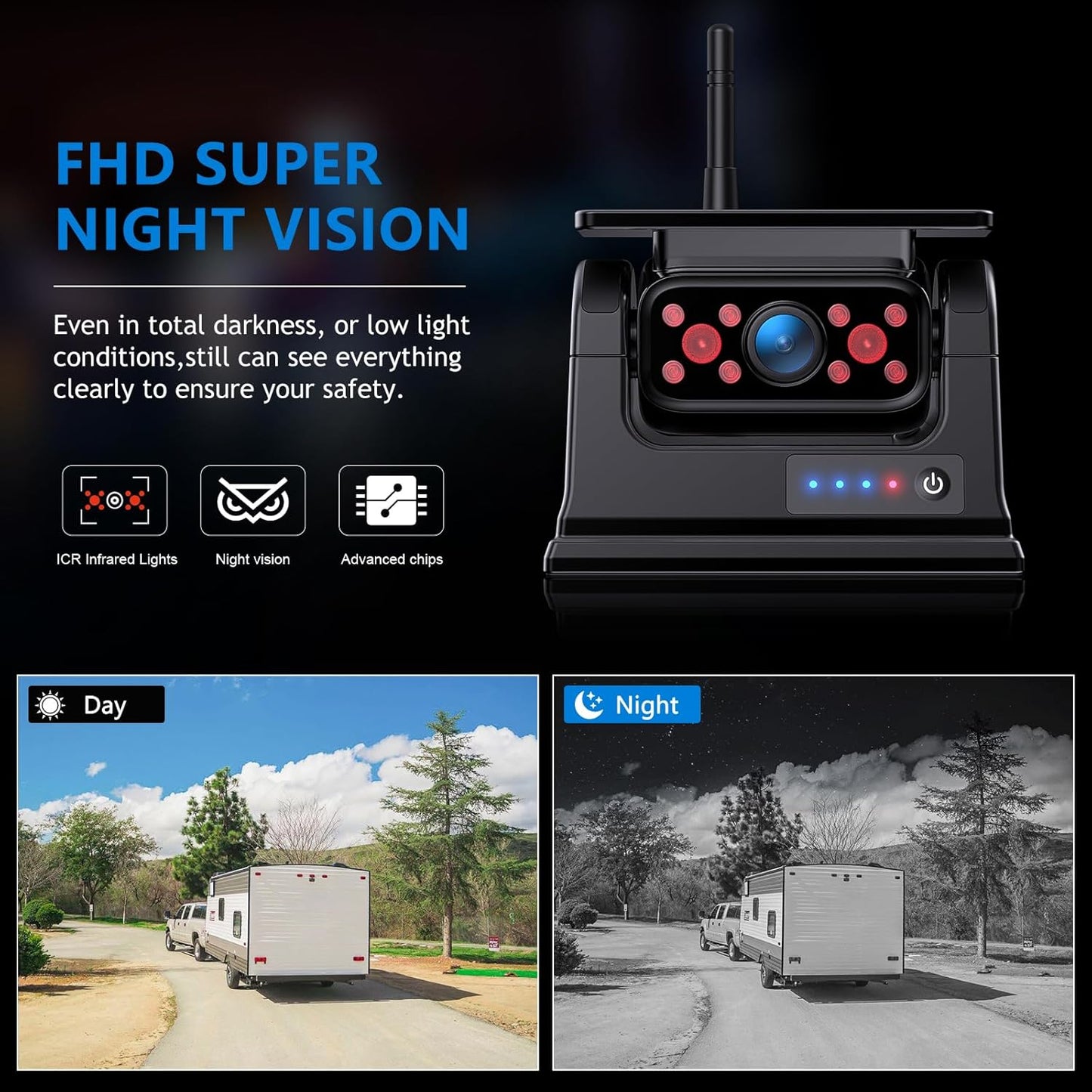 WiFi Magnetic Solar Wireless Backup Camera, 10500mAh Rechargeable 1080P Rear View Camera for Truck RV Trailer Car, DVR Recording Night Vision IP69 Waterproof, App for Phone iOS Android AP1 DVKNM