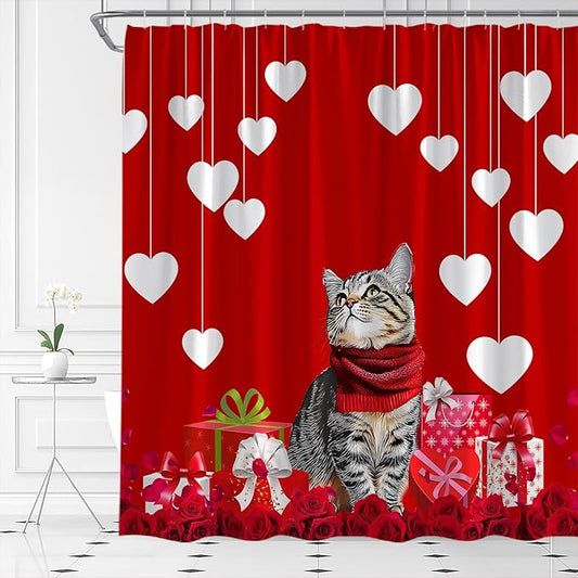 Valentine's Day Shower Curtain Cute Cat Romantic Red Heart Rose Love Couple Woman Girl Creative Bathroom Curtains Decor Fabric Set Include Hooks,(78" Wx70 H)