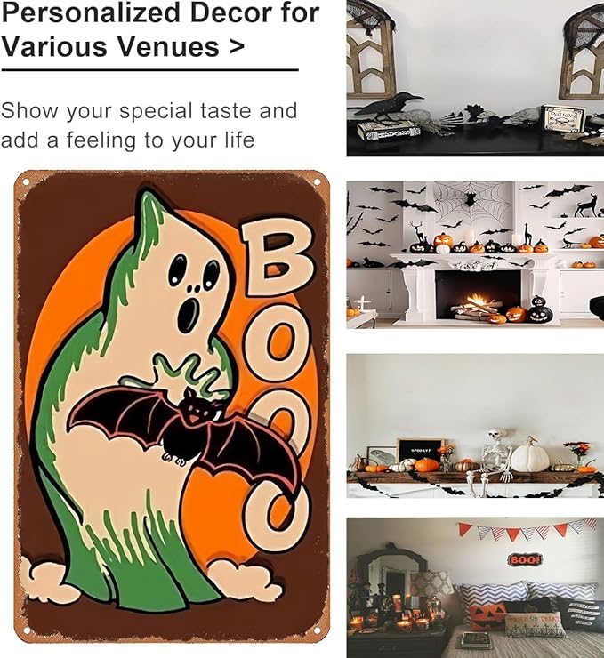 Vintage Decor Gift Halloween Ghost and Bat Boo Jack O Lantern Tin Sign for Home Bedroom Living Room Wall Decor 8 X 12 Inch (3132)