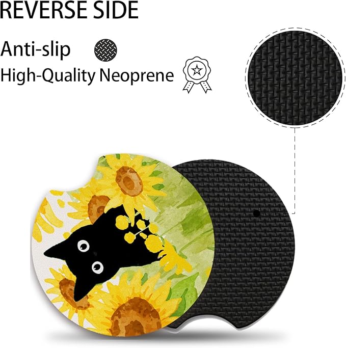 Car Coasters for Cup Holders，Sunflowers and Cat Cute Car Assecories for Women,2 Pack Cup Holder Coasters for Car, Anti Slip Rubber Car Cup Mat with A Finger Notch 2.75"