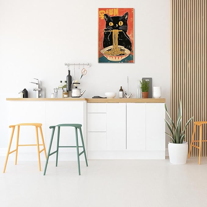 Vintage Cute Black Cat Eats Lamian Noodles Poster Prints Lamian Noodles Canvas Wall Art Cute Black Cat For Home Bedroom Kitchen Dorm Wall Decor 12x16in Wooden Frame