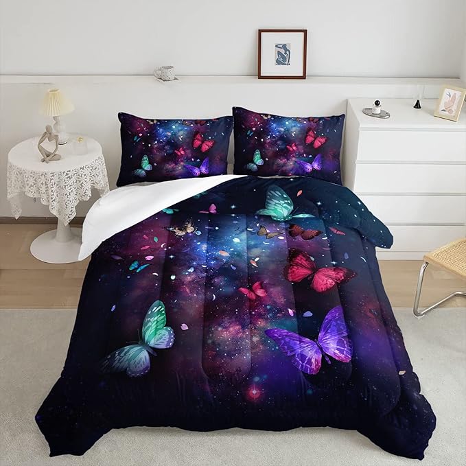Butterfly Comforter Set for Girls Women,Colorful Butterflies in Space Galaxy Printed Black Bedding Set with 2 Pillowcases(Butterfly Galaxy Full)
