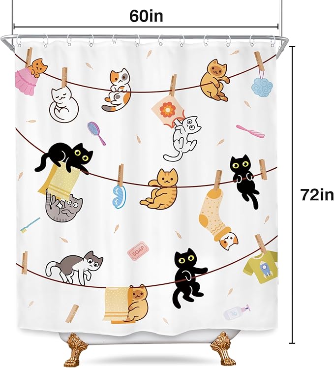 SVBright Cute Cat Shower Curtain 60Wx72L Inch Funny Kids Children Kitten Cartoon Animal Pets Fun Hilarious Lovely Boys Girls 12 Pack Hooks Polyester Waterproof Fabric Bathroom Bathtub Panels