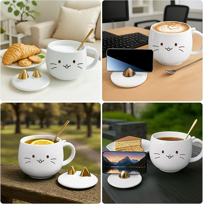 Yuwu Cat Ceramic Coffee Mug with Spoon & Lid, 13.5 oz Novelty Mug with Phone Stand Lid, Cute Tea Cup for Women & Cat Enthusiasts (White)