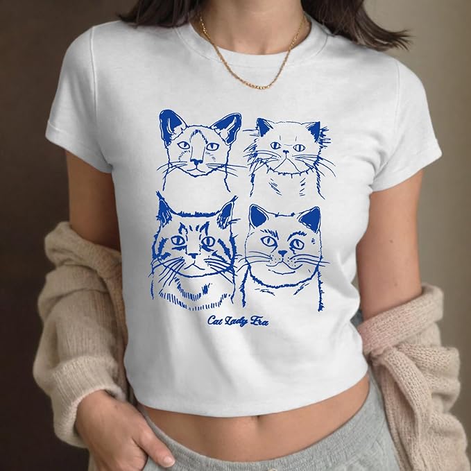 Y2k Baby Tees for Women Cute Cat Lady Era Graphic Grunge Crop Tops Vintage T Shirts Retro Aesthetic Tee Top