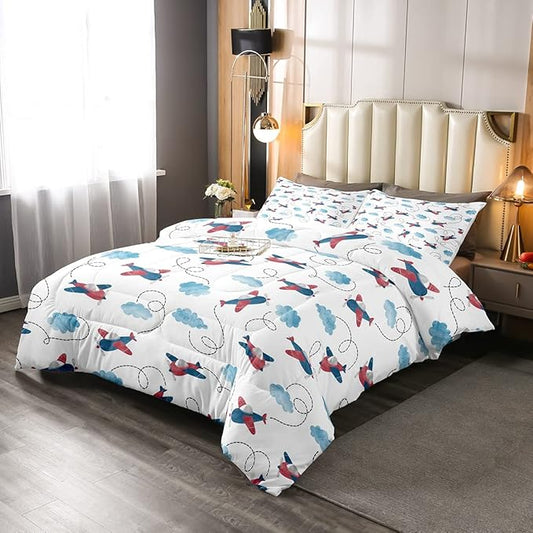Boys Airplane Comforter Set Queen Size,Vintage Watercolor Airplane Bedding Set for Kids Space Room Decor,Cartoon Bedding Aircraft Blue Clouds Comforters Soft Lightweight Bedding Quilted 2 Pillow Cases