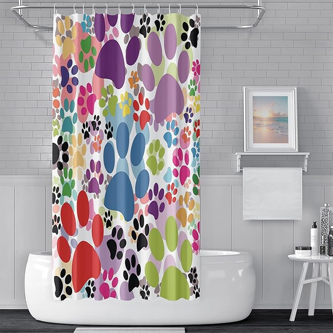 69x75inch Colorful Cartoon Dog and Cat Pawprints Kids' Shower Curtain Cute Animal Lovely Pet Puppy Cat Claw Prints Bath Curtain for Children Baby Bathroom Decor Fabric Polyester with Hooks