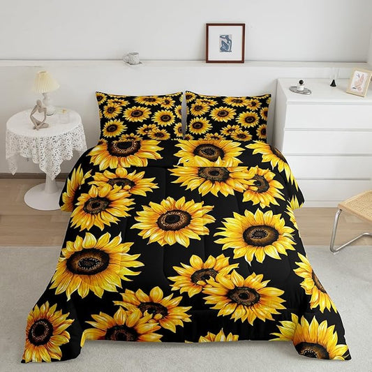 Sunflowers Comforter Set - Black & Yellow Sunflowers Print Bedding Set Twin Size for Kids Girls Women Room Decor,Cute Floral Bedding, 1 Soft Reversible Botanical Flowers Comforter and 1 Pillow Sham
