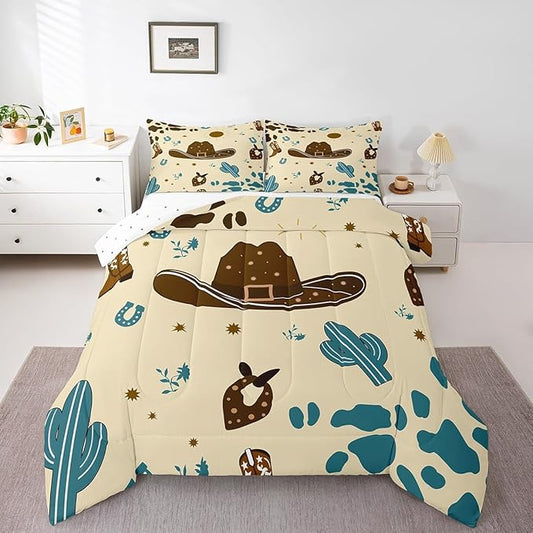 Western Cowboy Comforter Set King Size,Fashion Cowboy Hat Bedding Sets 3Pcs for Kids Girls Boys Teens Room Decor,Desert Cactus Quilt Set Blue Brown Cowhide Print Duvet Insert,2 Pillowcases