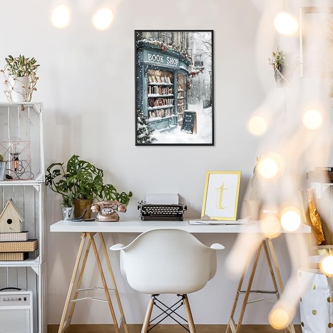 Vintage Christmas wall art Winter Book Shop Poster Print Book Lovers Gift Reading wall art Bookshop Wall Decor Winter Landscape Painting Room decor Aesthetic black framed24x36inch
