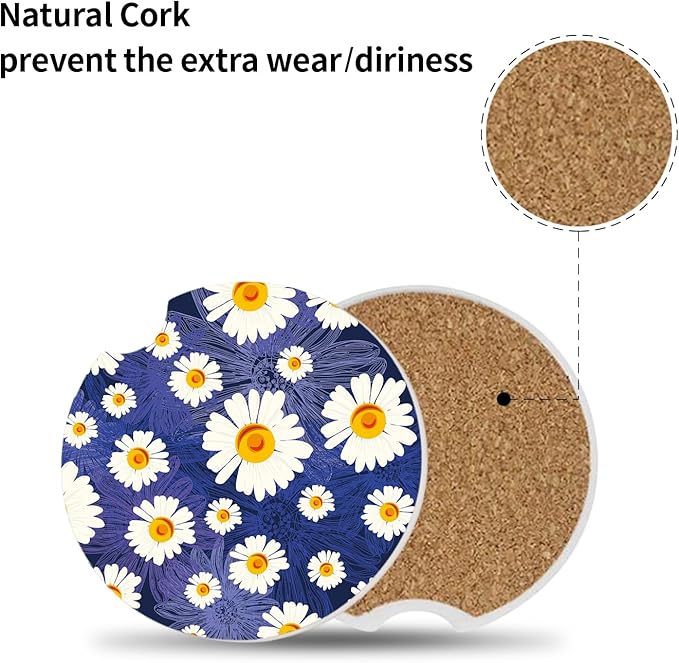White Flowers Car Coasters for Drinks Absorbent,2 Pack Cup Holders,2.56" Ceramic Stone & Non-Scratch Cork Base Coasters,Auto Accessories for Women & Men.