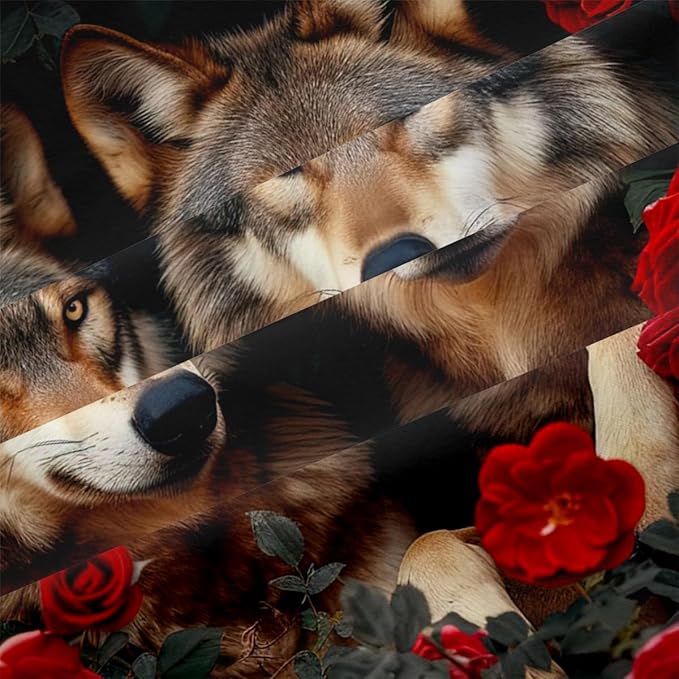 Wolf Comforter Set Twin Size Red Rose Wolves Bedding Set Wild Animal Bedding Sets Black Floral Animals Comforters Soft Down Alternative Comforter Sets for Girls Boys Kids Teens