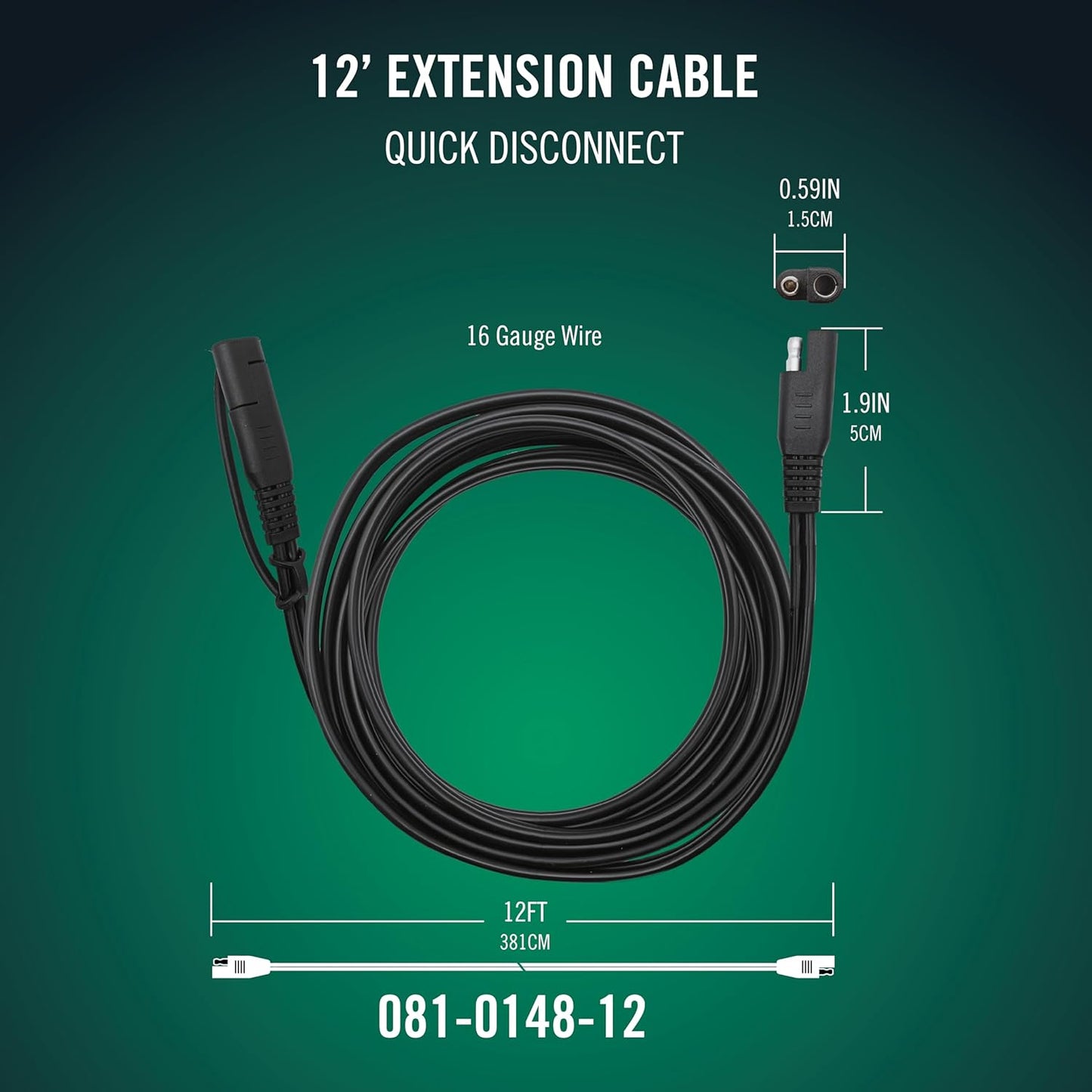 Battery Tender 12 Foot Extension SAE Cable - Designed for Use with Battery Tender Chargers - Quick Connect Plugs for Easy Connection to Motorcycle, Cars, ATVs and More - 081-0148-12
