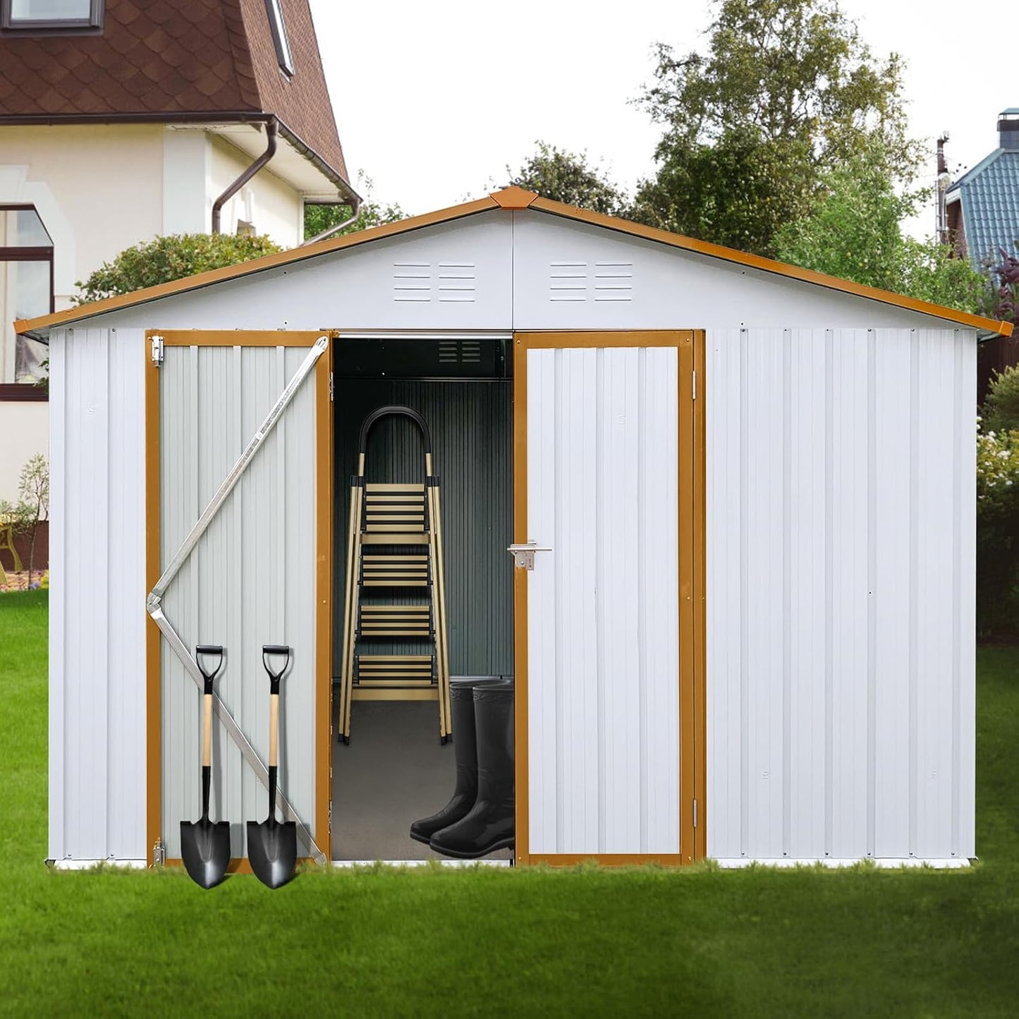 12 x 10 FT Metal Garden Shed, Outdoor Storage Shed with Heavy-Duty Steel Construction, Built-in Punched Vents & Hinged Door, Free Padlock for Secure Backyard, Patio & Garage Storage, White + Yellow